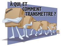 Dessin couleur montrant une file de boîtes en cartons en attente.