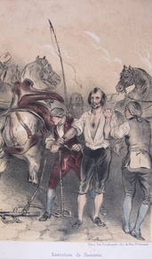 Lithographie représentant Damien se faisant attacher les poignets, entouré de deux chevaux ruant.