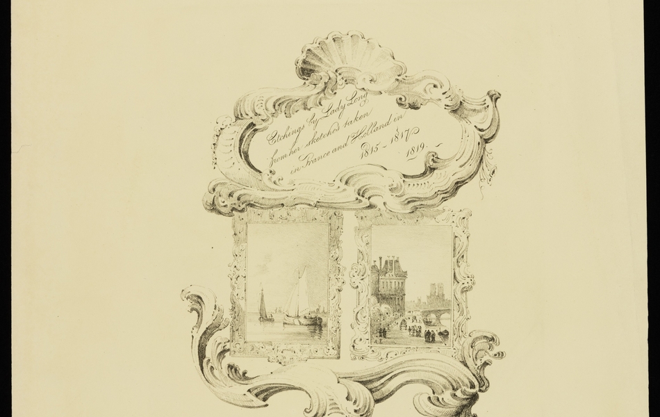 Page de titre de la série de lithographies d'Amélia Long. Deux représentations sont encadrées : sur la gauche, deux petits voiliers en mer et sur la droite Notre-Dame de Paris vue depuis un les quais de la Seine. Le titre surplombe le tout.