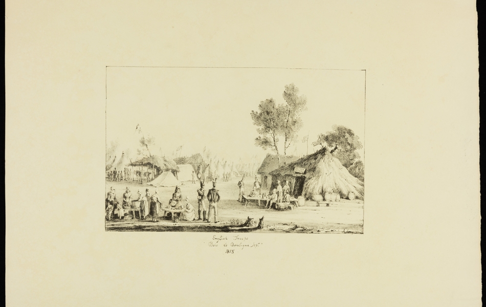 Représentation du camp des troupes britanniques. Au premier plan, de gauche à droite, des femmes sont affairées autour de deux bacs posés sur une table ; une autre debout, un panier au bras, s'adresse à une femme assise à une table ; deux soldats de dos regardent au second plan un groupe attablé autour de boissons, des tonneaux sont stockés devant leur hutte. En arrière-plan, on peut voir des huttes, un abri pour chevaux et des tentes blanches. La signature d'Amelia Long apparaît en bas à droite dans l'image et le titre sous le visuel.