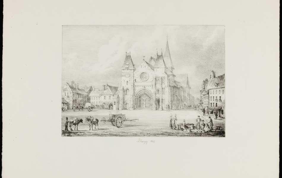 Vue de la place de l'église Notre-Dame à Blangy-sur-Bresle dans le Calvados. Le grand portail fait face et des personnages animent la place : à gauche, un homme, deux chevaux et une charrette, à droite une scène de marché. La signature d'Amelia Long apparaît en bas à gauche dans l'image et le titre sous le visuel.