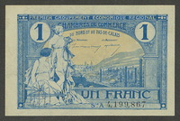Billet de nécessité illustré par deux femmes en tenue antique tenant un rouet et une corne d'abondance, leurs regards dirigés vers une cité antique en bord de mer.