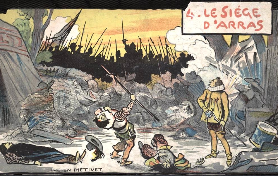 Dessin en couleur montrant une scène de bataille. Au premier plan se trouvent quatre soldats derrière une barricade portant une fraise et une épée. Deux d'entre eux sont déjà au sol, un troisième est en train de tomber et le quatrième regarde un bataillon s'avancer vers la barricade enfumée.