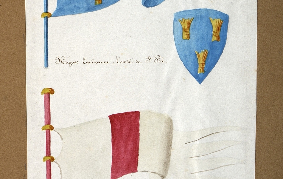 Mât bleu sur lequel est fixé un drapeau bleu avec trois bottes de foin qui forment un triangle ; à sa droite est représenté un blason aux mêmes couleurs. En-dessous de ces armoiries se trouve un mât rouge sur lequel est fixé un drapeau blanc avec une rayure rouge et vertical au centre ; à sa droite est représenté un blason aux mêmes couleurs.