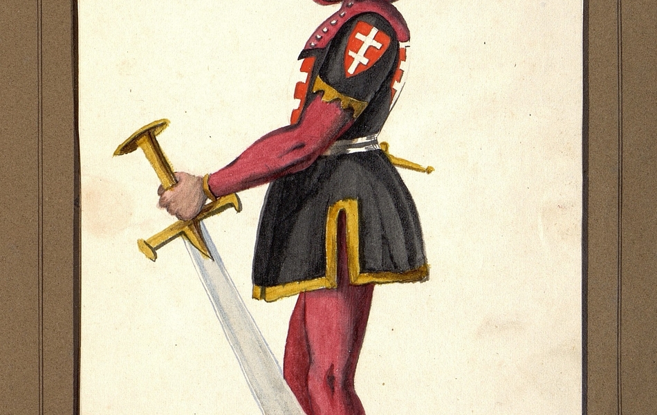 Homme de profil tenant une longue épée de la main gauche.  L'homme est vêtu d'une robe noire sur des collants rouges et porte des chausses marrons.  Une courte épée est suspendue à sa ceinture.  Il est coiffé d'un chaperon rouge.