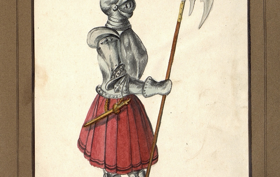 Homme de profil tenant une hache dans la main droite.  L'homme est vêtu d'une armure complète et porte une jupe rouge.  Une courte épée est suspendue à sa ceinture.  Il est coiffé d'un heaume gris avec une plume rose.