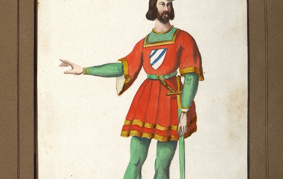 Homme de face vêtu d'une tunique rouge bordée d'or avec un cimier bleu et blanc au centre sur un justaucorps vert et portant des chausses marrons.  Une épée est suspendue à sa ceinture.  Il est coiffé d'un chapeau rouge cerclé de vert.