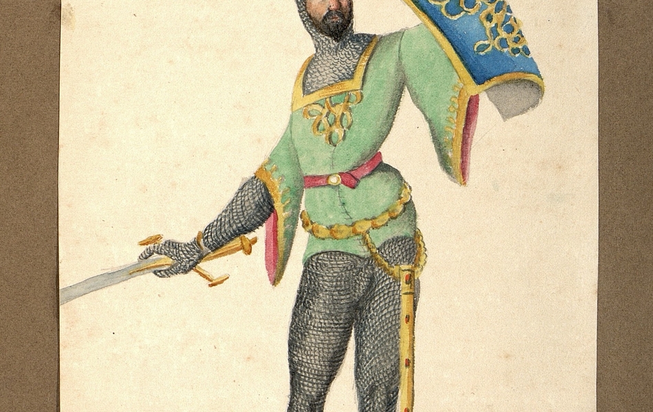 Homme de face tenant un bouclier bleu bordé d'or dans la main gauche et une épée dans la main droite.  L'homme est vêtu d'une courte tunique verte bordée d'or sur une cotte de mailles.  Un fourreau est suspendu à sa ceinture.  Il est coiffé d'un heaume gris avec une plume rose.