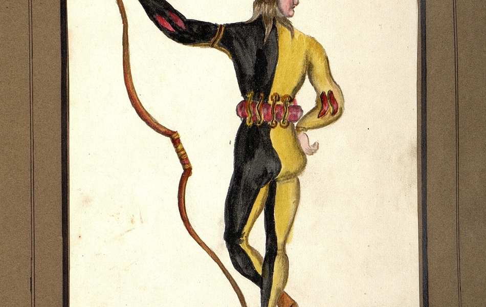 Homme de dos tenant un arc dans la main gauche.  L'homme est vêtu d'un justaucorps noir et jaune et porte des chausses marrons.  Il est coiffé d'un chapeau rouge et a la taille ceinte d'une large ceinture rouge.