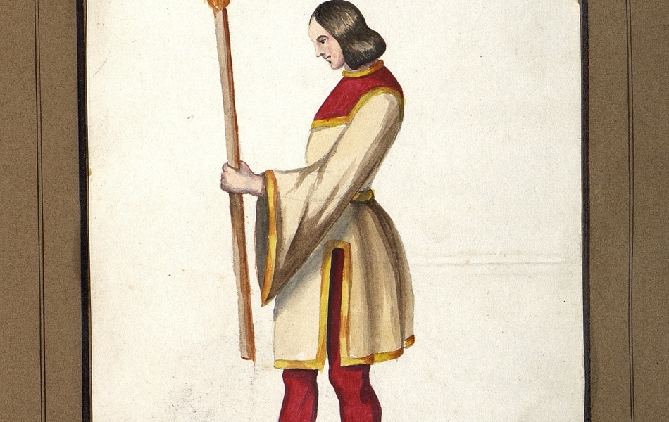 Homme de profil portant une torche enflammée.  L'homme est vêtu d'une tunique beige et rouge bordée d'or sur des collants rouges et porte des chausses marrons.