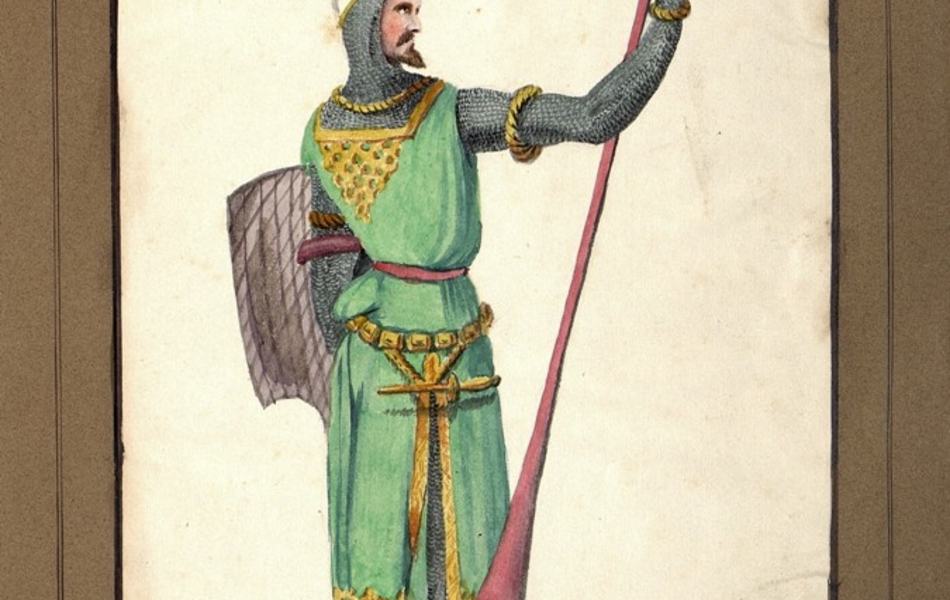 Homme de profil tenant une lance rouge dans la main droite et un bouclier dans la main gauche.  L'homme est vêtu d'une cotte de mailles et porte une tunique verte bordée d'or.  Une courte épée est suspendue à sa ceinture.  Il est coiffé d'un heaume gris bordé d'or avec une plume verte.