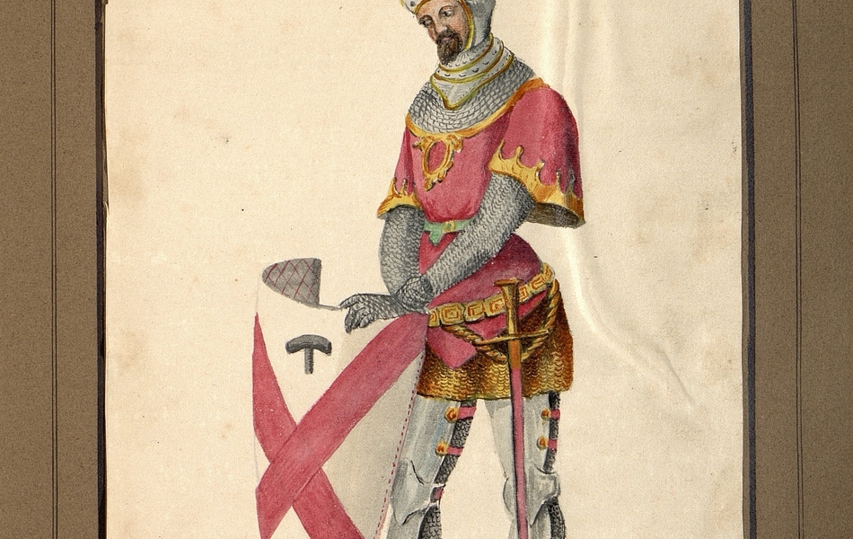 Homme de profil tenant un bouclier.  L'homme est vêtu d'une tunique rouge bordée d'or sur une cotte de mailles et porte des chausses de métal aux éperons d'or.  Une épée est supendue à sa ceinture.  Il est coiffé d'un heaume gris bordé d'or avec des plumes bleues.