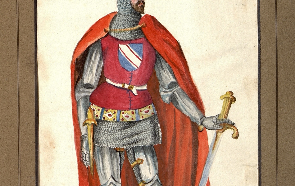 Homme de face avec le visage de profil tenant une épée dans la main gauche.  L'homme est vêtu d'une tunique rouge sur une cotte de mailles et porte une cape rouge.  Un poignard est suspendu à sa ceinture.  Il est coiffé d'un heaume gris avec une grande plume blanche.