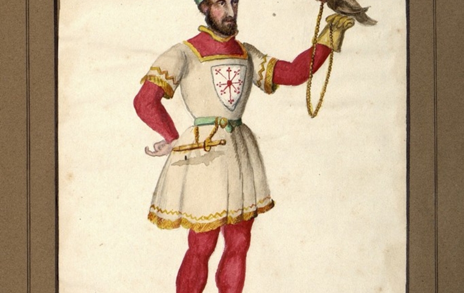 Homme de face avec un faucon perché sur sa main gauche.  L'homme est vêtu d'une tunique blanche bordée d'or sur un justaucorps rouge et porte des chausses marrons.  Une courte épée est suspendue à sa ceinture.   Il est coiffé d'une cale rouge cerclée de vert.