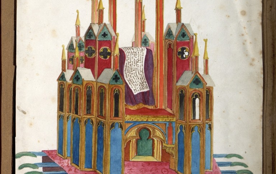 Châsse mobile multicolore en forme de cathédrale, d'où sort un parchemin. Elle est posée sur une couverture rose bordée d'or d'où dépassent des poignées pour porteurs.