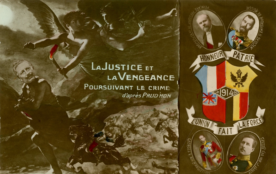 Carte postale en couleur sur fond noir divisée en deux parties : à gauche, un photomontage du tableau de Pierre-Paul Prud'Hon "La Justice et la vengeance poursuivant le Crime" où le portrait du Kaiser remplace la figure du Crime, tenant dans l'une de ses mains un poignard ensanglanté. En bas, a été ajouté une charge de la cavalerie et un cavalier militaire français blessé. La couleur rouge met l'accent sur le poignard, le flambeau et le pantalon du cavalier blessé. À droite, est représenté un blason orné des quatre drapeaux (français, russe, belge et britannique) sur lequel est inscrit 1914. Des éléments l'encadrent : deux banderoles portant les mentions "Honneur et Patrie" et "L'Union fait la force" et les portraits en médaillon des chefs d'État correspondant aux drapeaux de chaque pays : le Président de la République française, Raymond Poincaré, le Tsar Nicolas II, empereur de Russie, Albert Ier, le roi des belges et Georges V, le roi d'Angleterre.