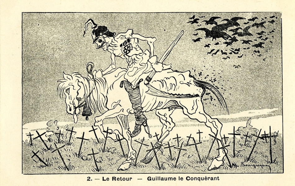 Carte postale satirique en noir et blanc ayant pour titre "2. – Le Retour – Guillaume le Conquérant". Elle représente le spectre de Guillaume II à cheval : tous deux ont la peau sur les os. Le cheval, épuisé, blessé au pied arrière gauche, porte une cloche autour du cou, pleure et tire la langue. Le Kaiser, fourbu et la pointe de son casque tordue, porte la faux de la mort dans sa main gauche. Ils marchent vers la gauche à travers les croix d'un cimetière et sont survolés par des corbeaux.