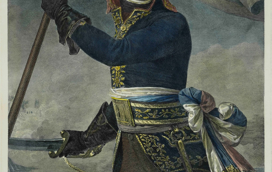Portrait. Bonaparte, encore soldat du Directoire, tient ici la hampe du drapeau de l'armée d'Italie. Il est vêtu de l'uniforme bleu foncé des généraux de la République à collet rouge avec des broderies dorées.