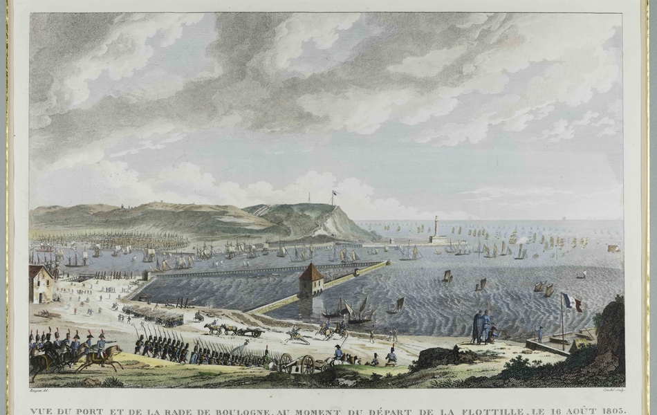 Lithographie couleur représentant les manœuvres des troupes impériales et le départ de la flotte du port de Boulogne le 16 août 1803.