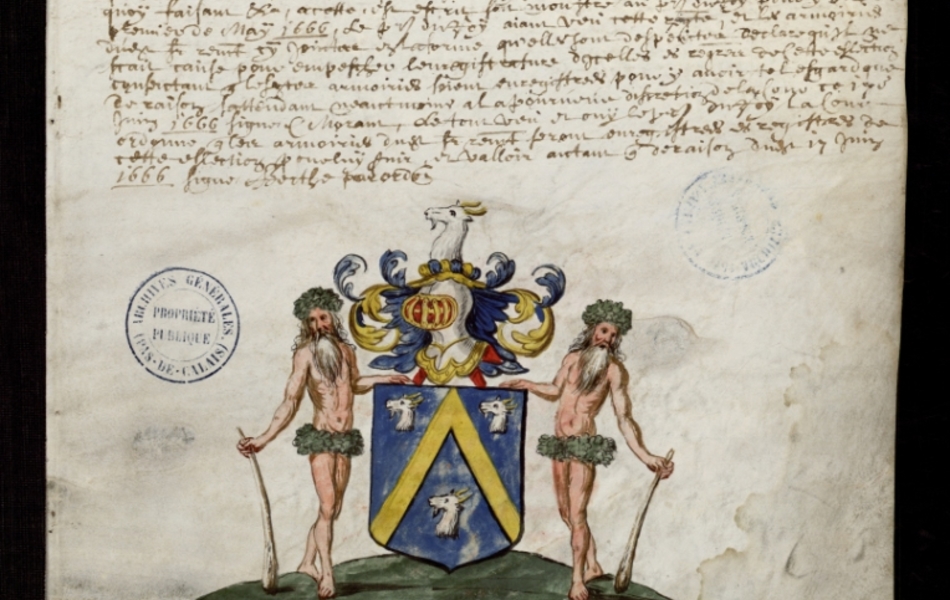 Document manuscrit composé d'un texte et d'un dessin (blason surmonté d'un heaume, entouré de deux hommes, le tout en couleur)