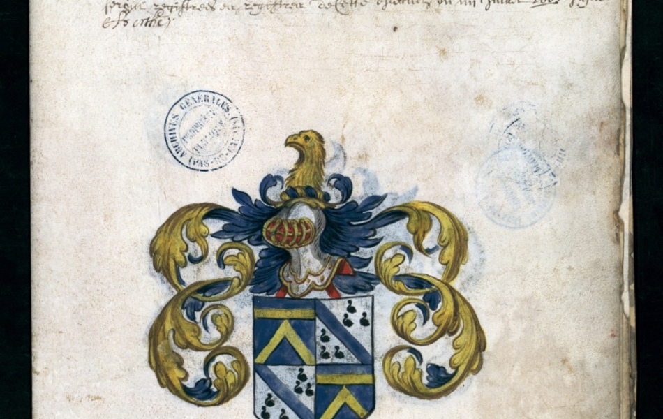 Document manuscrit composé d'un texte et d'un dessin (blason surmonté d'un heaume, le tout en couleur)