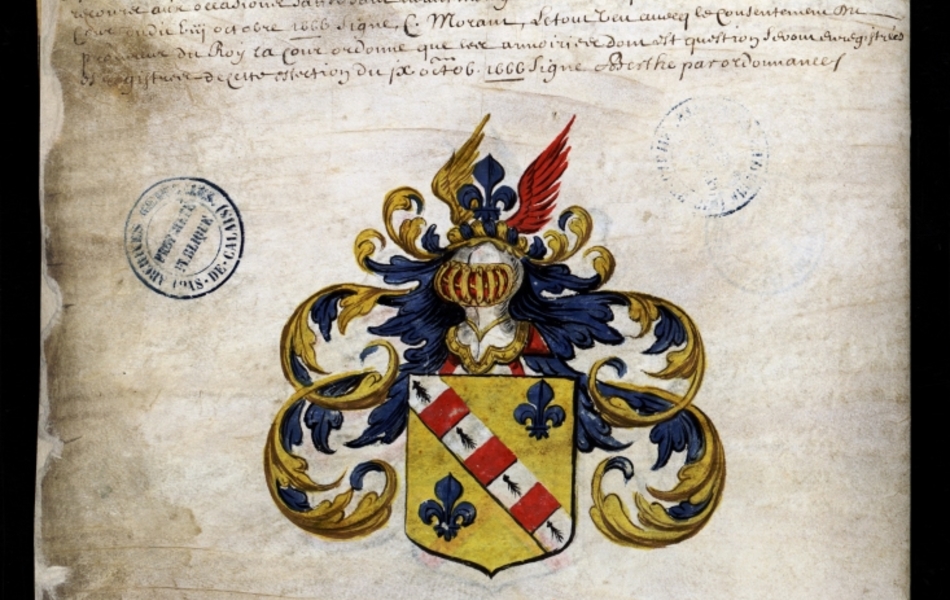 Document manuscrit composé d'un texte et d'un dessin (blason surmonté d'un heaume, le tout en couleur)