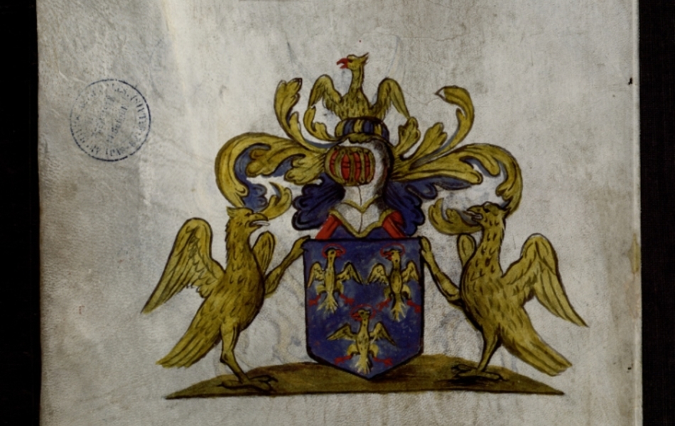 Document manuscrit composé d'un texte et d'un dessin (blason surmonté d'un heaume, entouré de deux griffons, le tout en couleur)