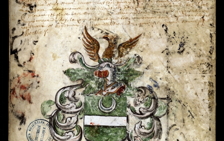 Document manuscrit composé d'un texte et d'un dessin (blason surmonté d'un heaume, le tout en couleur)