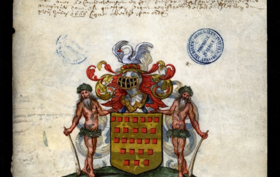 Document manuscrit composé d'un texte et d'un dessin (blason surmonté d'un heaume, entouré de deux hommes, le tout en couleur)