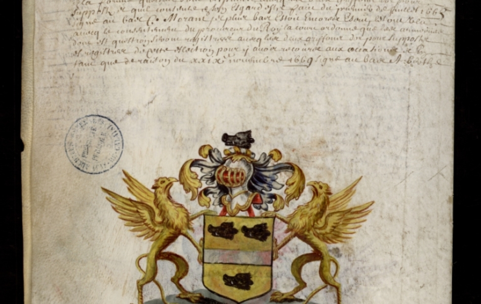 Document manuscrit composé d'un texte et d'un dessin (blason surmonté d'un heaume, entouré de deux griffons, le tout en couleur)