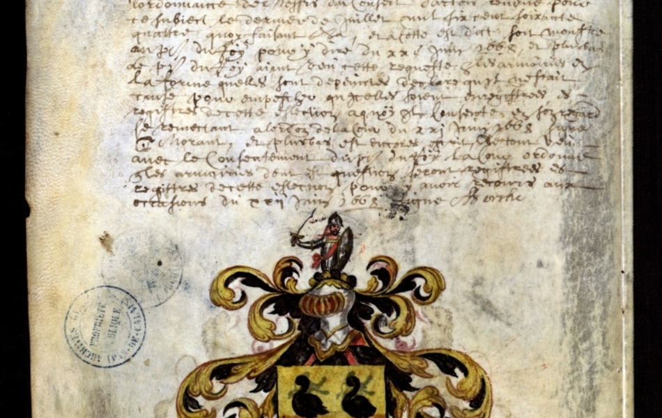 Document manuscrit composé d'un texte et d'un dessin (blason surmonté d'un heaume, le tout en couleur)