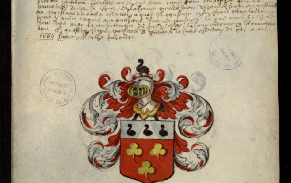 Document manuscrit composé d'un texte et d'un dessin (blason surmonté d'un heaume, le tout en couleur)