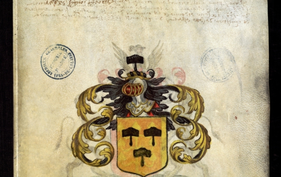 Document manuscrit composé d'un texte et d'un dessin (blason surmonté d'un heaume, le tout en couleur)