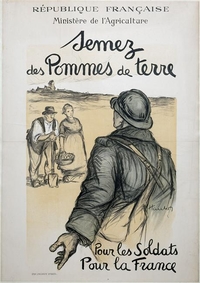 Affiche couleur montrant au premier plan un soldat de dos, tourné vers un couple de paysans.