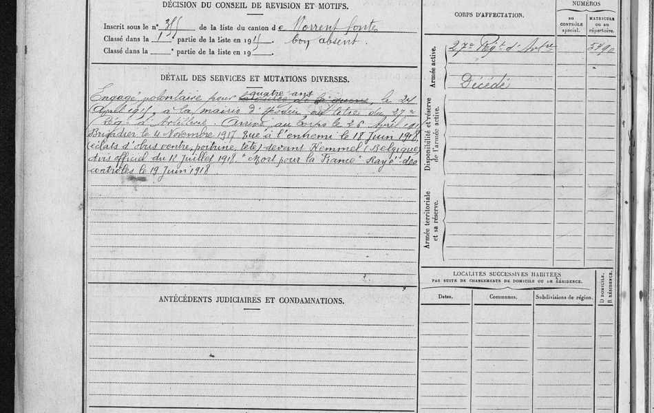 Matricule imprimé et complété manuscritement sur lequel on lit : Vaillant Louis Charles Joseph. Numéro matricule du recrutement : 578. État civil. Né le 4 janvier 1897 à St Hilaire Cottes, canton de Norrent-Fontes, département du PdC, résidant à St Hilaire Cottes, canton de Norrent-Fontes, département du Pas-de-Calais, profession de cultivateur. Fils de feu Charles Pierre Joseph et de feue Elise Célestine Filbien ; tuteur : Brevière Emile à St Hilaire Cottes. Signalement. Cheveux châtains, yeux gris, front large, nez rectiligne, visage large, taille : 1 mètre 70 centimètres, degré d'instruction : 3.  Corps d'affectation : 27e régiment d'artillerie, matricule 5490. Détail des services et mutations diverses. Engagé volontaire pour quatre ans le 24 avril 1915, à la mairie d'Hesdin, au titre du 27e régiment d'artillerie. Arrivé au corps le 26 avril 1915. Brigadier le 4 novembre 1917. Tué à l'ennemi le 18 juin 1918 (éclats d'obus ventre, poitrine, tête) devant Kemmel (Belgique). Avis officiel du 12 juillet 1918 "Mort pour la France". Rayé des contrôles le 19 juin 1918. Campagne contre l'Allemagne du 26 avril 1915 au 18 juin 1918. Blessures, citations, décorations, etc : n° 111 du 22 juin 1918 : "Le 18 juin 1918, la batterie étant soumise à un violent bombardement ennemi, a été blessé mortellement à son poste de combat. Excellent soldat, dévoué, courageux, s'était déjà distingué aux batailles de la Somme et du Chemin des Dames par sa belle attitude au feu". Croix de guerre avec étoile de bronze.