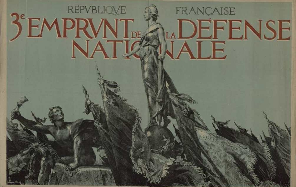 Affiche monochrome où l'on voit le profil de Marianne surplombant une foule de drapeaux militaires.