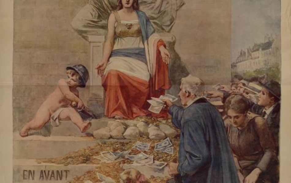 Affiche en couleur sur laquelle on voit Marianne assise sur le piédestal d'une statue représentant le dieu Mars, drapée dans le drapeau tricolore, et recevant l'aumône de civils. À ses côtés un chérubin est coiffé du casque des soldats et tient un glaive.