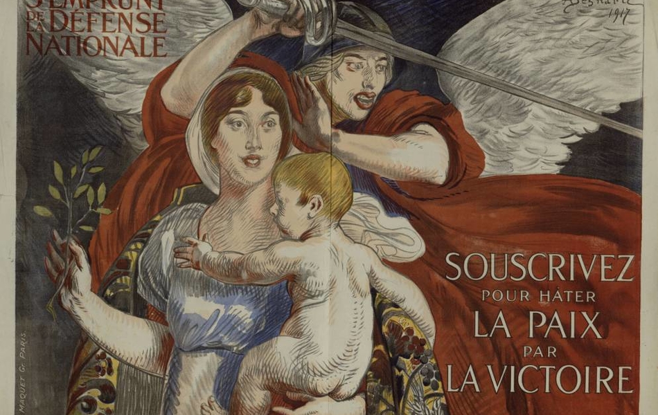 Affiche en couleur montrant une femme tenant son enfant et un rameau d'olivier, protégés par un ange ailé et casqué, drapé de rouge, et brandissant une épée.