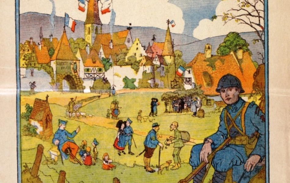 Affiche couleur montrant une campagne verdoyante et un village pavoisé de drapeaux français. Au premier plan des soldats mélangés à des civils.