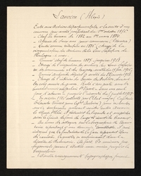 Document manuscrit sur lequel on lit : "Lavoine (Alexis). Entré aux archives départementales à la suite d'un concours par arrêté préfectoral du 1er octobre 1876. Chef de bureau de 1882 au 1er mars 1884. Absence de deux ans pour commerce (librairie). Rentré comme rédacteur en 1886 (chargé de la réorganisation des archives de la sous-préfecture de Boulogne-sur-Mer). Nommé chef de bureau en 1887 jusqu'en 1918. Chargé de l'inspection des archives des sous-préfectures des communes et des hospices, arrêté du 17 février 1916. Nommé archiviste-adjoint par arrêté du 22 janvier 1918. Chargé de l'itnérim du service des archives durant les cinq années de guerre. Resté à son poste sous les bombardements du palais St Vaast, sans un seul jour d'absence, jusqu'à l'incendie du 5 juillet 1915. En octobre 1914, sollicité par l'état-major (capitaine Delaroche Veruel pour le général Antoine) pour rechercher sur les souterrains pouvant exister entre Arras et le Mont-St-Eloi, il détruisit la légende et ampêcha ainsi le génie de faire de longs et inutiles travaux. Au cours des attaques sur la briqueterie de Beaurains, répondant à une demande semblable, il put indiquer que les fondations de la gare reposaient dans des carrières, lesquelles se confirmèrent dans la direction de Beaurains. De ce fait, 60 mineurs professionnels purent établir une mine jusqu'à la briqueterie..."