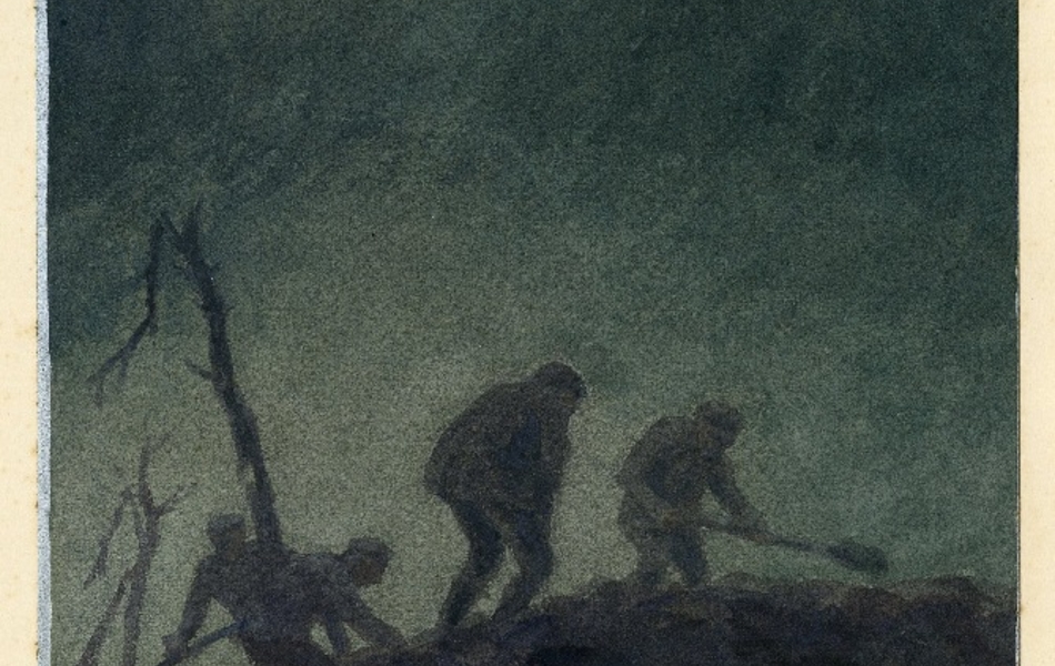 Aquarelle couleur montrant des hommes creusant dans la nuit, éclairés par une explosion.