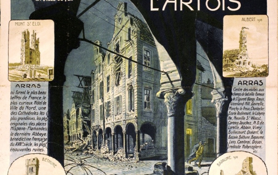 Affiche colorée montrant une des places d'Arras détruite.
