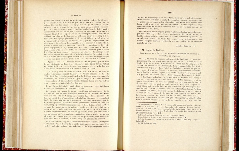 Texte imprimé sur lequel on lit : "La guérison ne tarda point, le miracle s'accomplit. Aussi aux gémissements qui remplissaient la chapelle de St Nazaire succédèrent des chants de joie et des actions de grâces. Mais pour un si grand bienfait, on comprend qu'un ex-voto suspendu dans l'oratoire ne suffisait pas. Charles de Bourbon devait à son coeur, à son rang et à sa fortune un témoignage plus éclatant. Il promit d'élever au glorieux et puissant patron d'Ablain un temple, qui, par sa magnificience, ses dimensions, la richesse de son architecture, transmît à la postérité le souvenir de son bonheur et de son éternelle reconnaissance..."