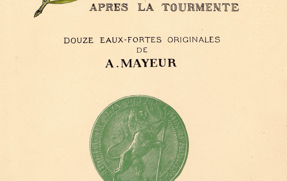 Page de garde d'un ouvrage. Une lettrine colorisée débute le titre. En-dessous, une médaille à l'effigie d'un lion.