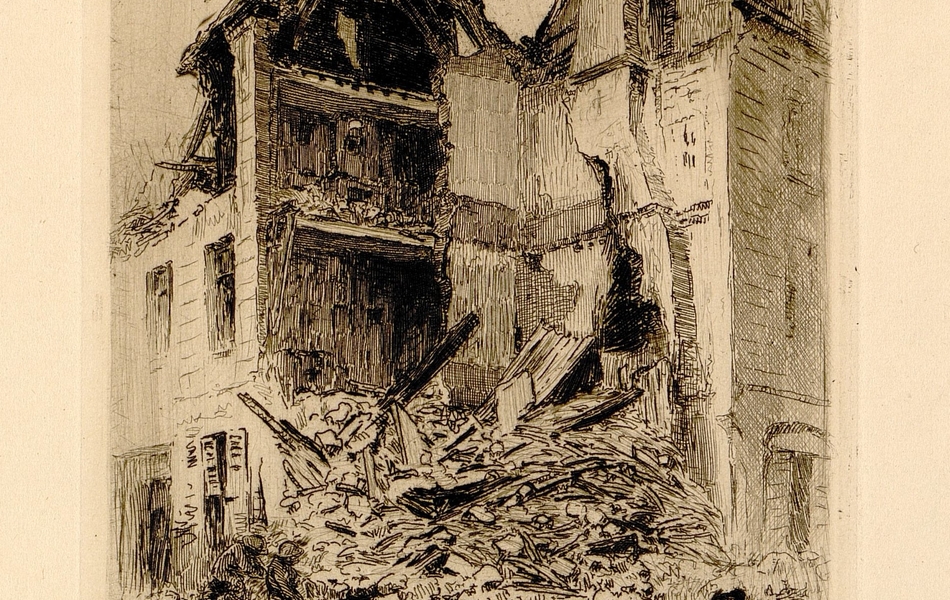 Gravure noir et blanc montrant une maison éventrée suite à un bombardement.