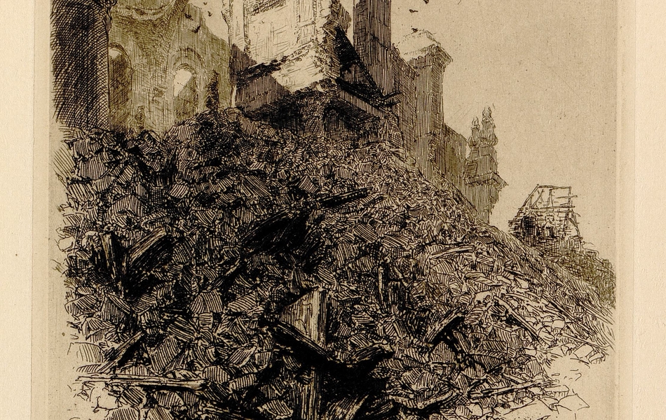 Gravure noir et blanc montrant un bâtiment éventré suite à un bombardement.