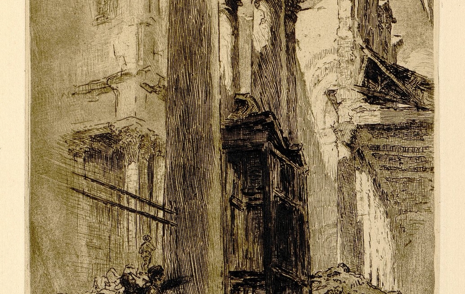 Gravure noir et blanc montrant l'intérieur d'une église éventrée suite à un bombardement.