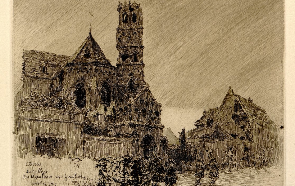 Gravure noir et blanc montrant une église éventrée suite à un bombardement.