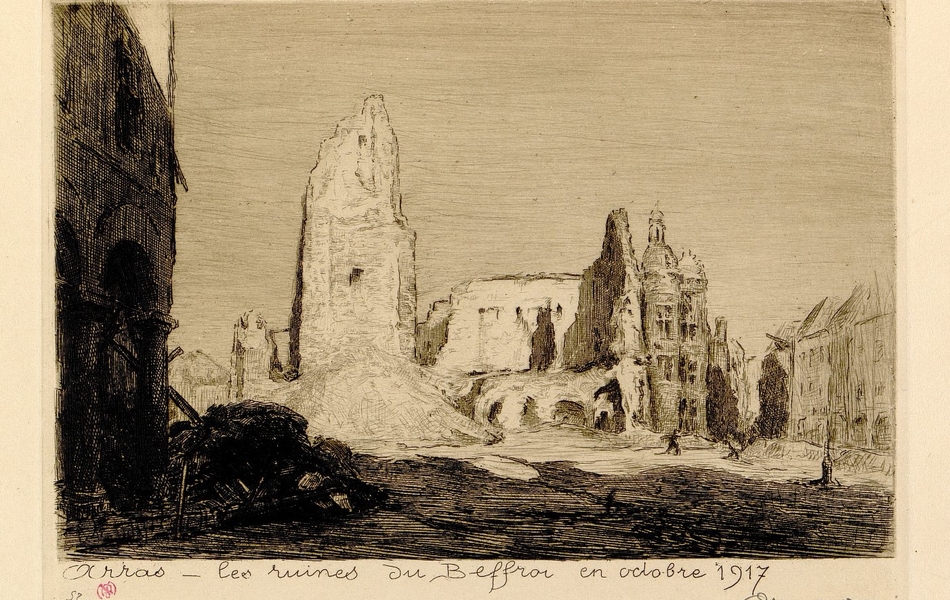 Gravure noir et blanc montrant les ruines de bâtiments suite à un bombardement.
