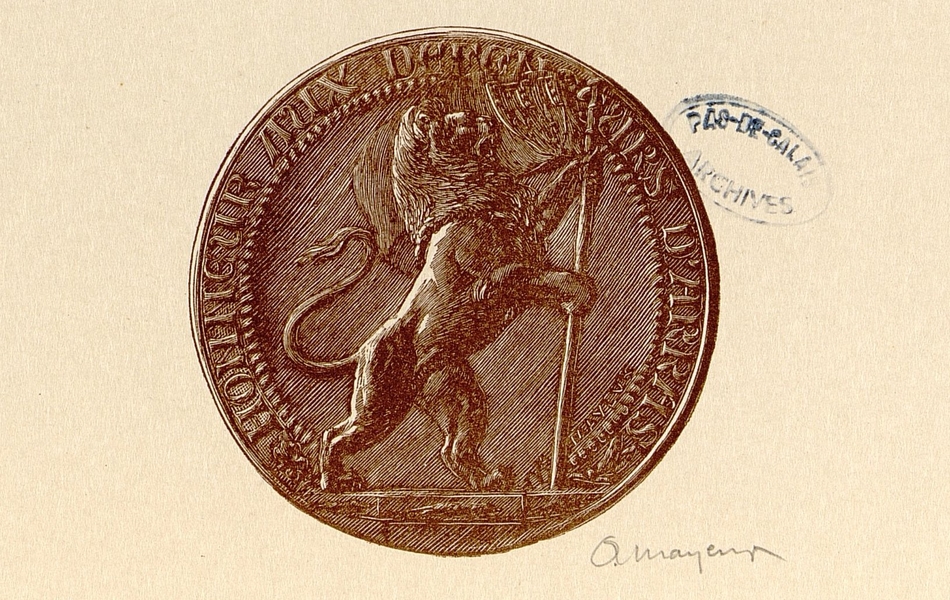 Gravure monochrome en médaillon représentant une lion tenant un drapeau.